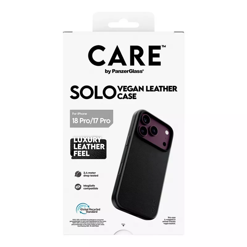 Etui CARE by PanzerGlass Solo z wegańskiej skóry, czarne, z MagSafe dla iPhone 17 Pro
