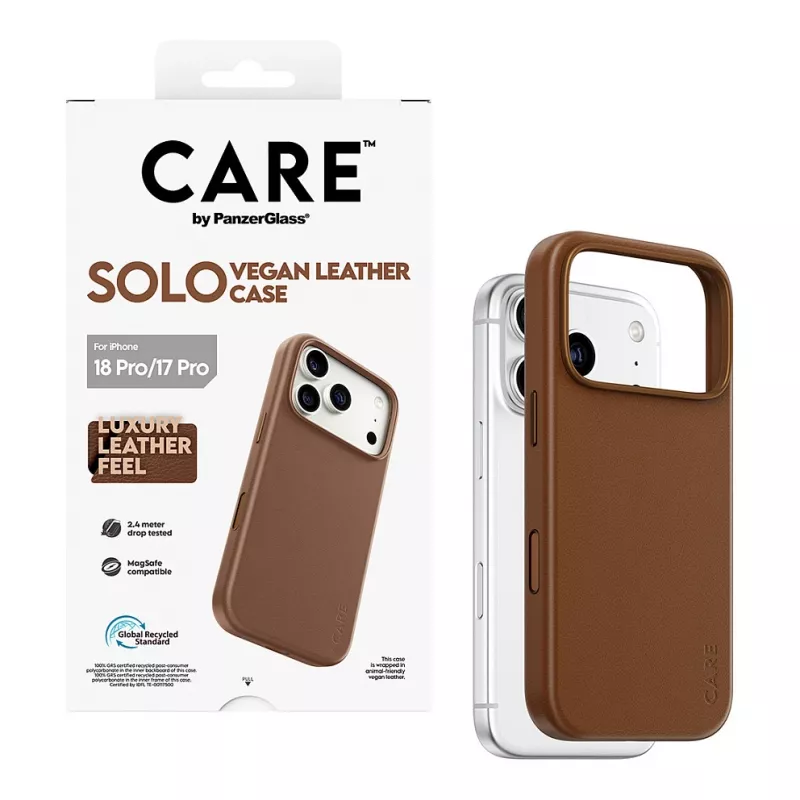 Etui CARE by PanzerGlass Solo z wegańskiej skóry, brązowe, z MagSafe, do iPhone 17 Pro