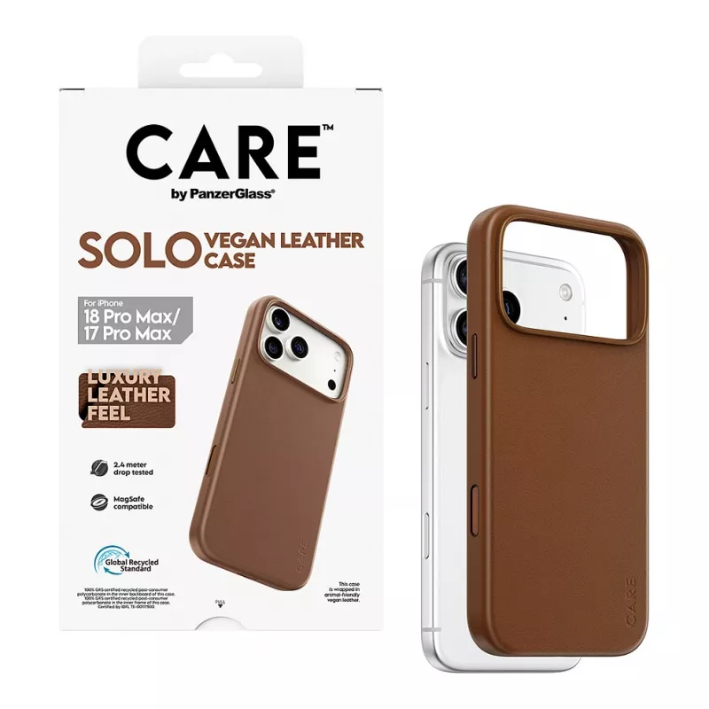 Etui CARE by PanzerGlass Solo z wegańskiej skóry, brązowe, z MagSafe, do iPhone 17 Pro Max