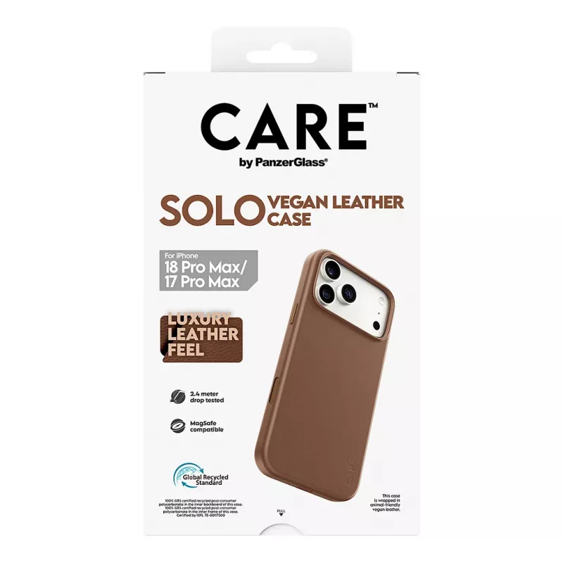 Etui CARE by PanzerGlass Solo z wegańskiej skóry, brązowe, z MagSafe, do iPhone 17 Pro Max