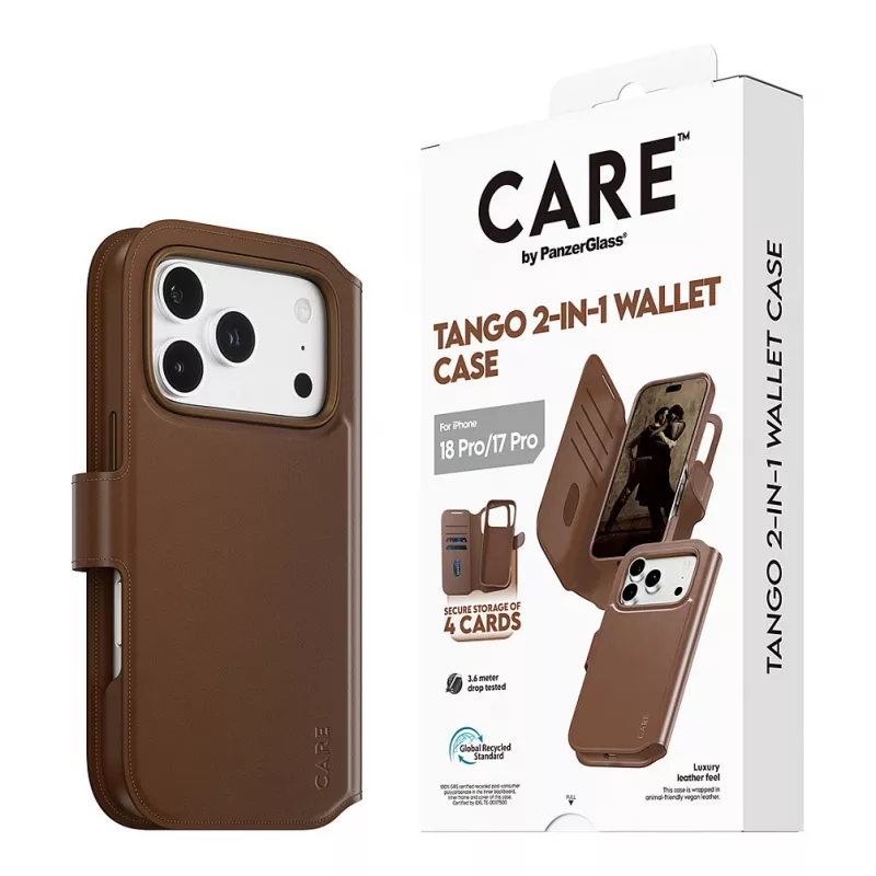 CARE by PanzerGlass Tango etui 2 w 1 z portfelem brązowe z MagSafe dla iPhone 17 Pro