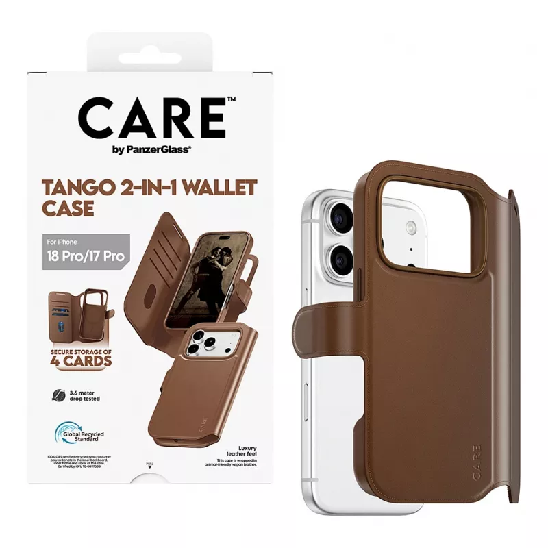 CARE by PanzerGlass Tango etui 2 w 1 z portfelem brązowe z MagSafe dla iPhone 17 Pro