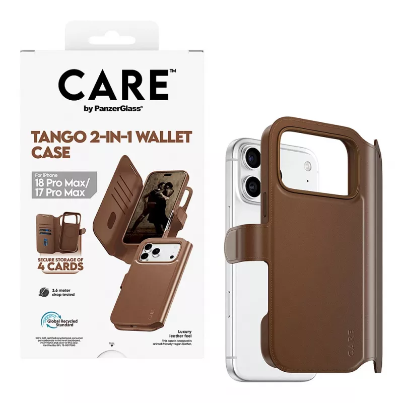 Etui portfel CARE by PanzerGlass Tango 2-w-1 brązowe z MagSafe dla iPhone 17 Pro Max