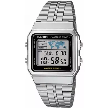 Casio A500WA-1DF Klasyczny cyfrowy zegarek kwarcowy na rękę – srebrna bransoleta ze stali nierdzewnej, podświetlenie LED, czas światowy