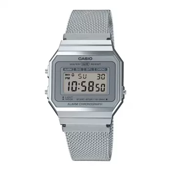 CASIO A700WM-7A Uniseks Zegarek Cyfrowy - 37,4mm Srebrna Bransoleta Mesh