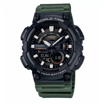 CASIO AEQ-110W-3A Męski Zegarek Analogowo-Cyfrowy, 52,2mm, Zielony Pasek Żywiczny