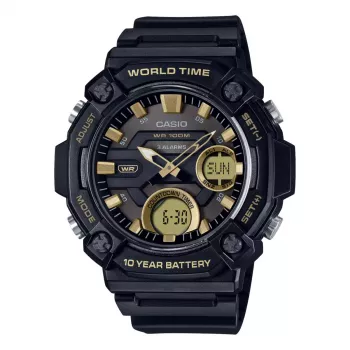 CASIO AEQ-120W-9A Zegarek męski analogowo-cyfrowy, 53,3 mm, czarna koperta z żywicy, czarny pasek z żywicy, złote akcenty