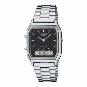 CASIO AQ-230A-1D Zegarek Unisex Analogowo-Cyfrowy, 38,8mm, Bransoleta ze Stali Nierdzewnej Srebrny, Czarna Tarcza