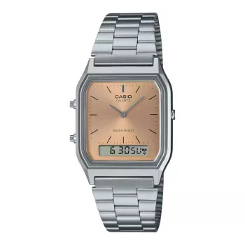 Zegarek unisex CASIO AQ-230A-4A analogowo-cyfrowy, 38,8 mm, koperta w kolorze srebrnym, czerwona tarcza, bransoleta ze stali nierdzewnej