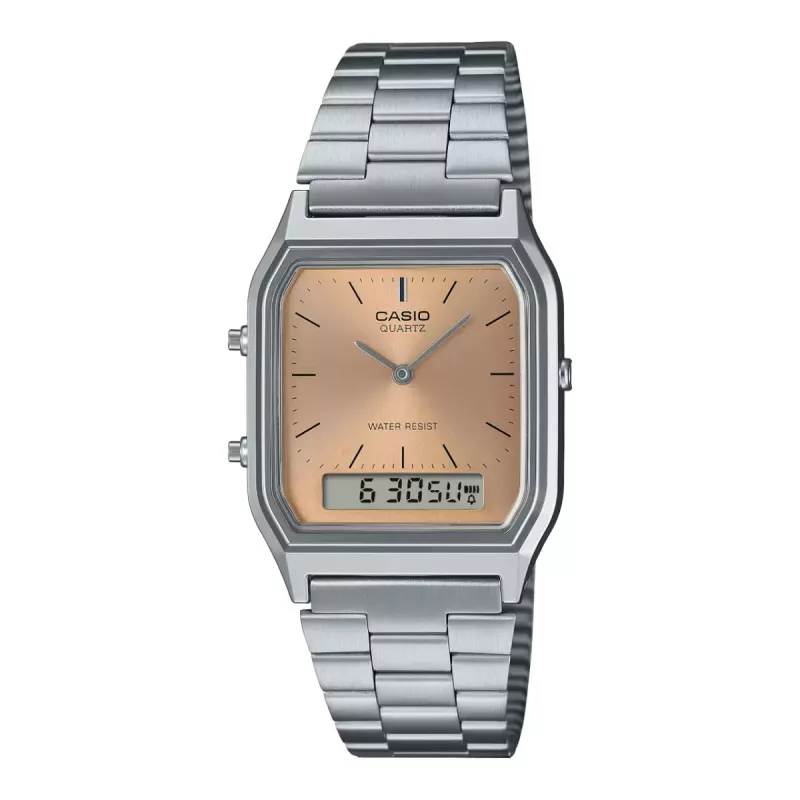Zegarek unisex CASIO AQ-230A-4A analogowo-cyfrowy, 38,8 mm, koperta w kolorze srebrnym, czerwona tarcza, bransoleta ze stali nierdzewnej