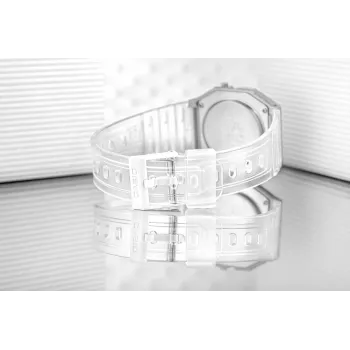 Casio F-91WS-7DF zegarek cyfrowy – przezroczysta biała koperta z żywicy, unisex, kwarcowy, podświetlenie LED, wodoszczelność 3 ATM