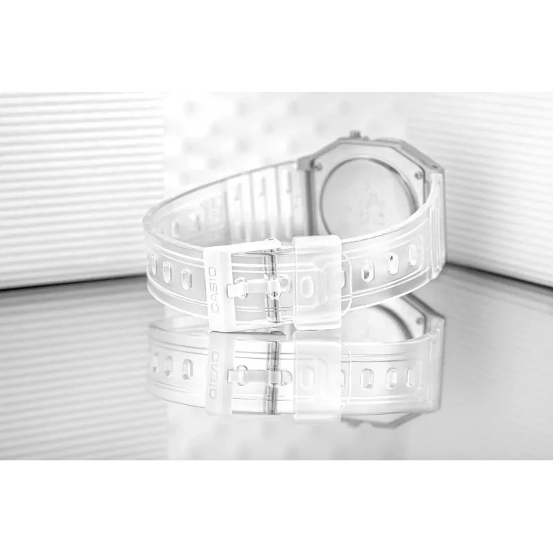 Casio F-91WS-7DF zegarek cyfrowy – przezroczysta biała koperta z żywicy, unisex, kwarcowy, podświetlenie LED, wodoszczelność 3 ATM