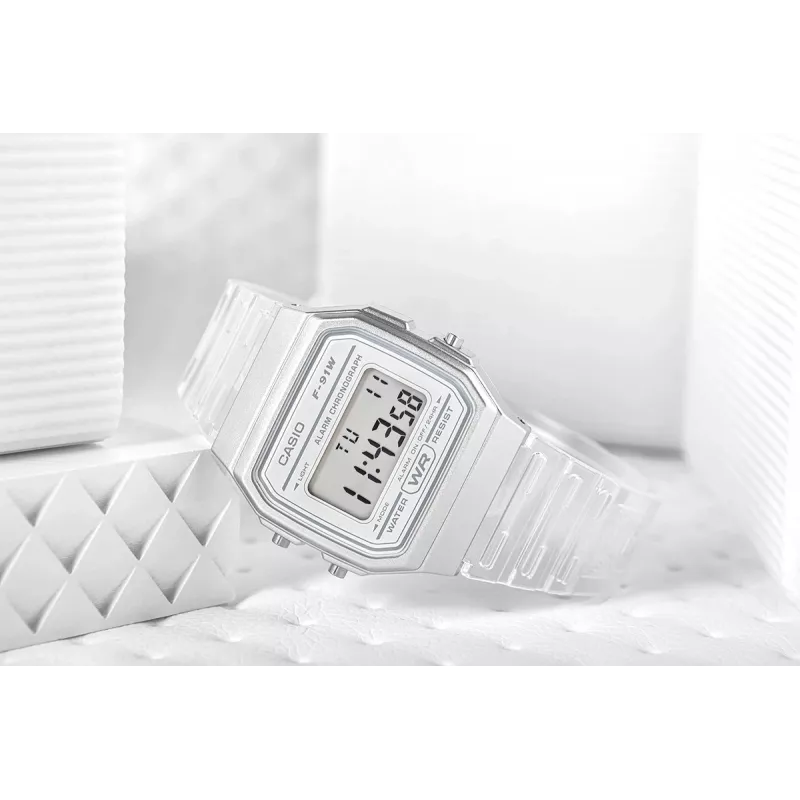 Casio F-91WS-7DF zegarek cyfrowy – przezroczysta biała koperta z żywicy, unisex, kwarcowy, podświetlenie LED, wodoszczelność 3 ATM