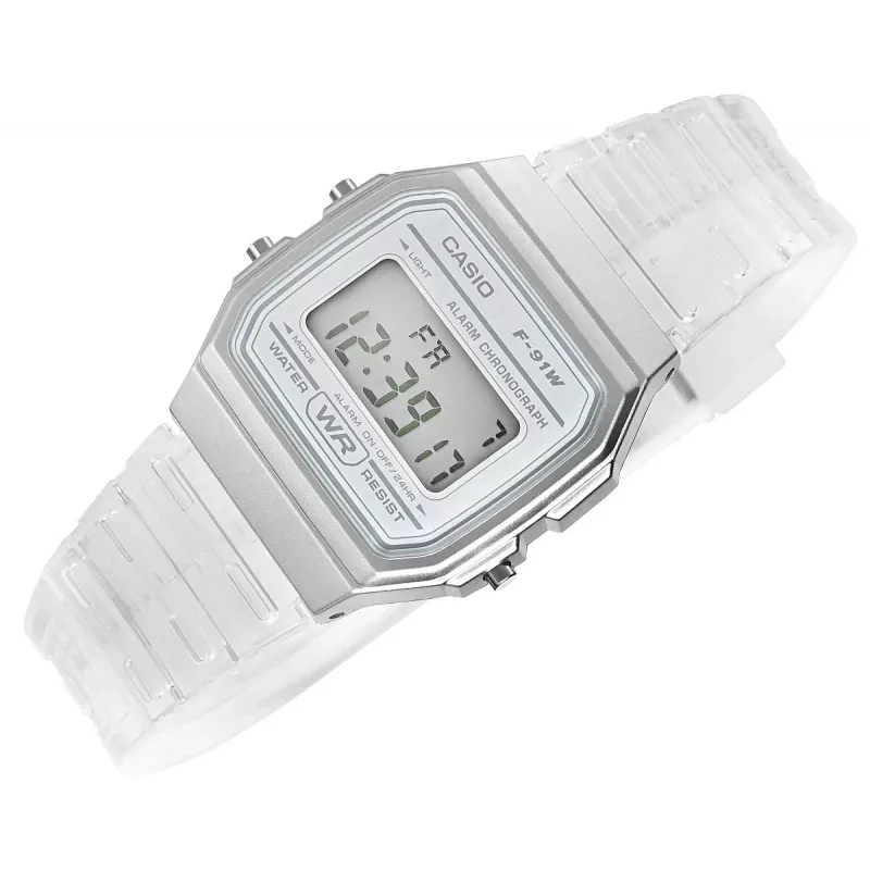 Casio F-91WS-7DF zegarek cyfrowy – przezroczysta biała koperta z żywicy, unisex, kwarcowy, podświetlenie LED, wodoszczelność 3 ATM