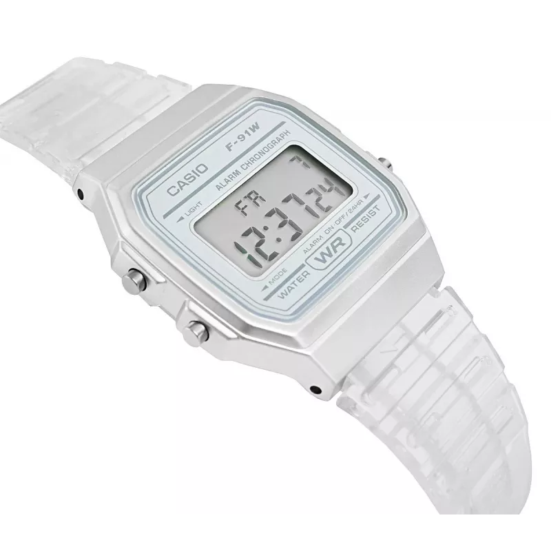 Casio F-91WS-7DF zegarek cyfrowy – przezroczysta biała koperta z żywicy, unisex, kwarcowy, podświetlenie LED, wodoszczelność 3 ATM