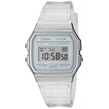 Casio F-91WS-7DF zegarek cyfrowy – przezroczysta biała koperta z żywicy, unisex, kwarcowy, podświetlenie LED, wodoszczelność 3 ATM