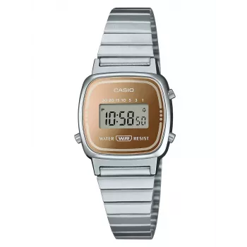 CASIO LA670WES-4AEF Zegarek cyfrowy damski - Różowo-złota tarcza, srebrna koperta i bransoleta, 24 mm