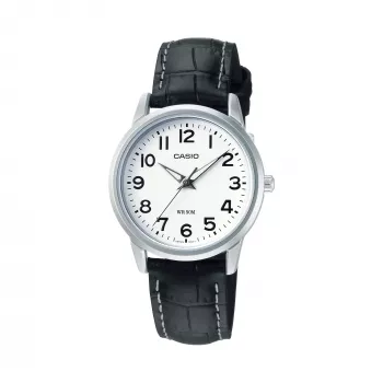 CASIO LTP1303PL7BVE Zegarek analogowy unisex - koperta ze stali nierdzewnej, czarny skórzany pasek, wodoszczelność 50 m