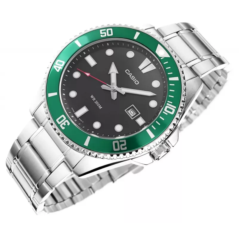 Zegarek męski Casio MDV-107D-3AVEF Analogowy Kwarcowy z Zieloną Tarczą i Bransoletą ze Stali Nierdzewnej, Wodoodporność 200m