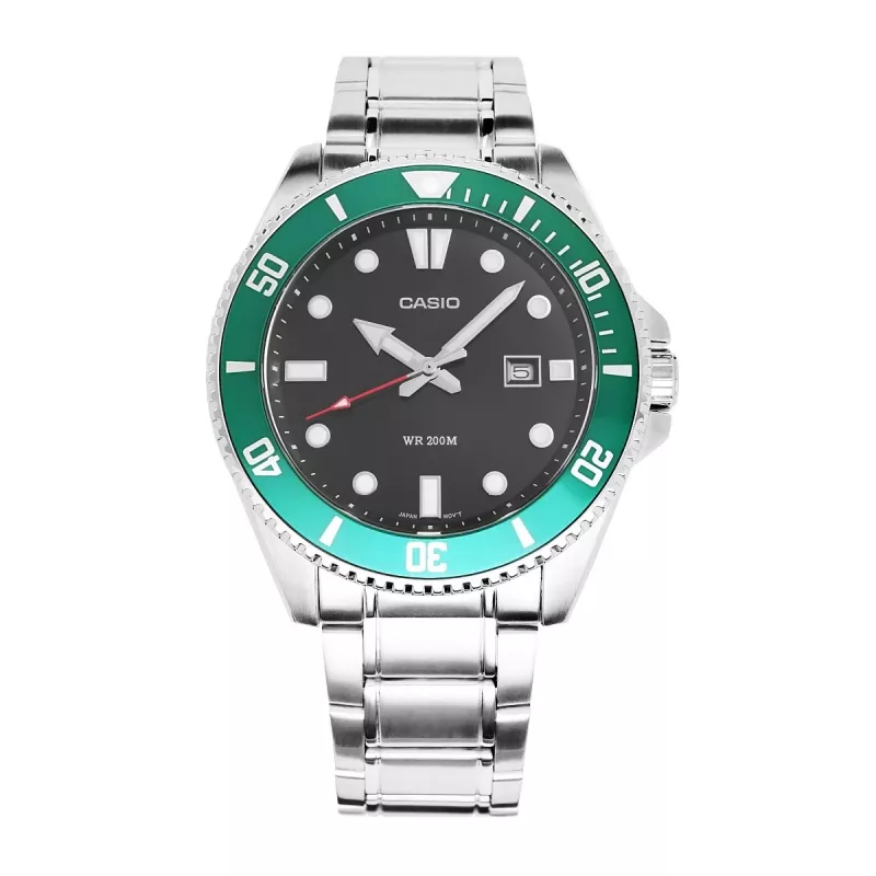 Zegarek męski Casio MDV-107D-3AVEF Analogowy Kwarcowy z Zieloną Tarczą i Bransoletą ze Stali Nierdzewnej, Wodoodporność 200m