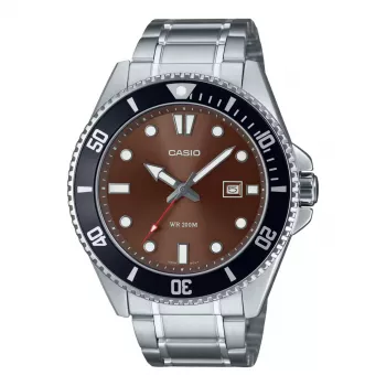 CASIO MDV107D5AVDF Męski Zegarek Analogowy Kwarcowy, 42 mm, Brązowa Tarcza, Srebrna Bransoleta Stalowa