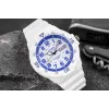 CASIO MRW200HC7B2VD Męski Zegarek Analogowy Kwarcowy z Wyświetlaczem Dnia i Daty, Wodoodporność 100m, Pasek Żywiczny, Biała Tarcza, Niebiesko-Czerwony Bezel