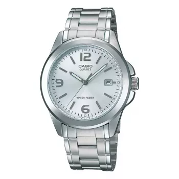 Zegarek męski Casio MTP-1215A-7A analogowy kwarcowy ze stalową bransoletą, srebrną tarczą, kopertą 38,4 mm, datownikiem i dniem tygodnia, wodoszczelnością 50 m
