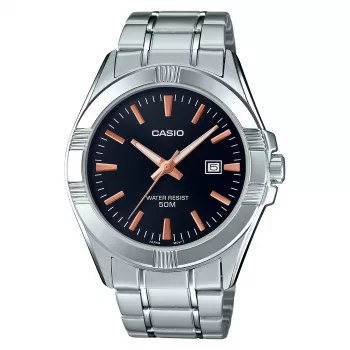 Zegarek męski CASIO MTP-1308D-1A2 Analogowy Kwarcowy, 48,9mm, Czarna Tarcza, Srebrna Bransoleta Stalowa