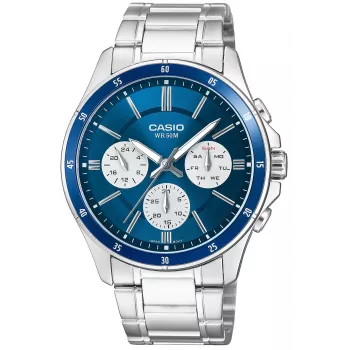 Zegarek męski Casio MTP-1374D-2A3 Analogowy Kwarcowy ze Stalową Bransoletą, Niebieska Tarcza, Dzień-Data, Wodoszczelność 50m