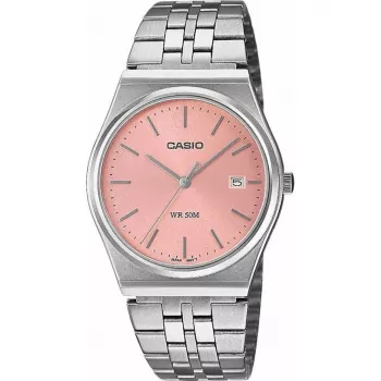 Zegarek męski Casio MTP-B145D-4AVEF Analogowy Kwarcowy ze Stalową Bransoletą, Łososiowo-Różową Tarczą, Srebrną Kopertą, Wodoodporność 50m