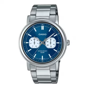 CASIO MTP-E335D-2E1VD Męski Zegarek Analogowy Kwarcowy, Niebieska Tarcza, Stalowa Bransoleta, 47,6 mm