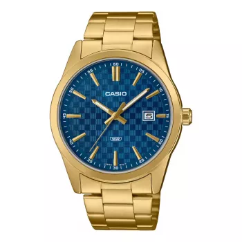 CASIO MTPVD03G2AUDF Męski Zegarek Analogowy Kwarcowy, Koperta ze Stali Nierdzewnej 45mm, Niebieska Tarcza, Bransoleta w Kolorze Złotym, Wodoszczelność 50m
