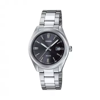Zegarek analogowy CASIO LTP1302PD1A1V dla kobiet, kwarcowy, stal nierdzewna srebrna, czarna tarcza, wodoszczelność 50 m