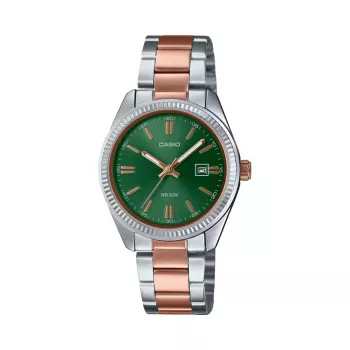 Zegarek analogowy CASIO LTP1302PRG3AV dla kobiet, 34,5 mm, koperta ze stali nierdzewnej w kolorze różowego złota, zielona tarcza
