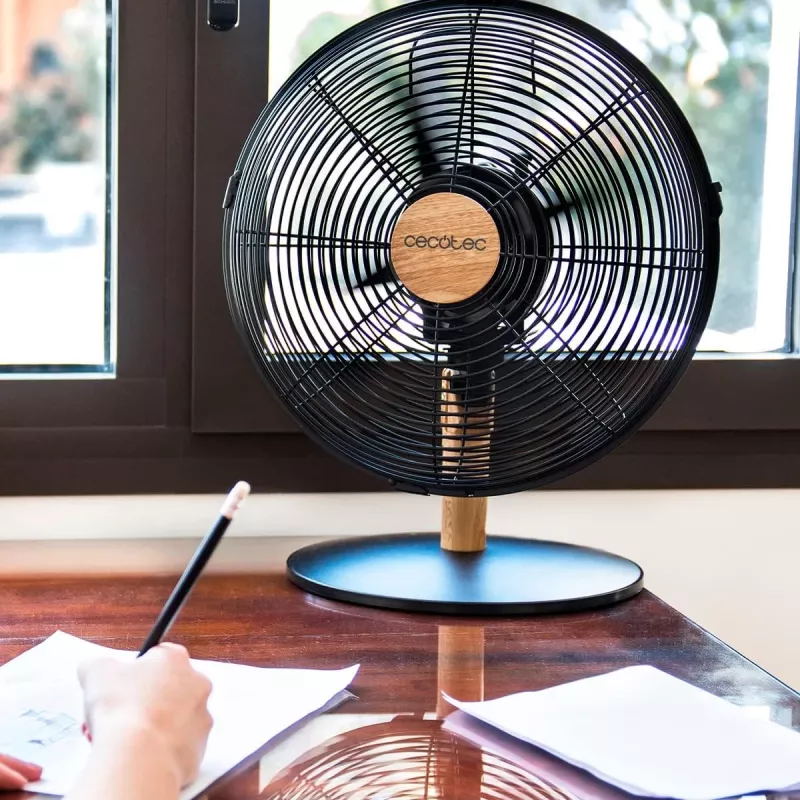 Cecotec EnergySilence 600 WoodDesk wentylator biurkowy, wentylator stołowy, 40 W, średnica 30 cm, 3 prędkości, oscylacja, beżowo-czarny