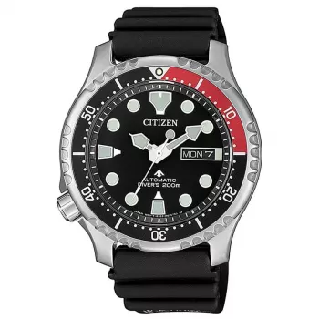 CITIZEN Męski Automatyczny Zegarek Nurkowy NY0085-19E 42mm Czarna Tarcza Czarny Pasek Gumowy