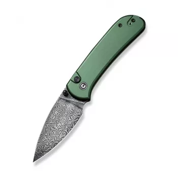 CIVIVI Qubit Nóż składany Damascus z aluminium, zielony, ostrze Wharncliffe, blokada przyciskiem, 2.98 cala stal damasceńska, zielona rękojeść aluminiowa, nóż EDC kieszonkowy autorstwa Justin Lundquist