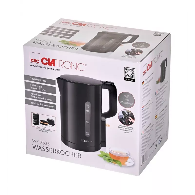 Clatronic WK 3835 Bezprzewodowy czajnik elektryczny 1.7L 2200W Czarny plastik