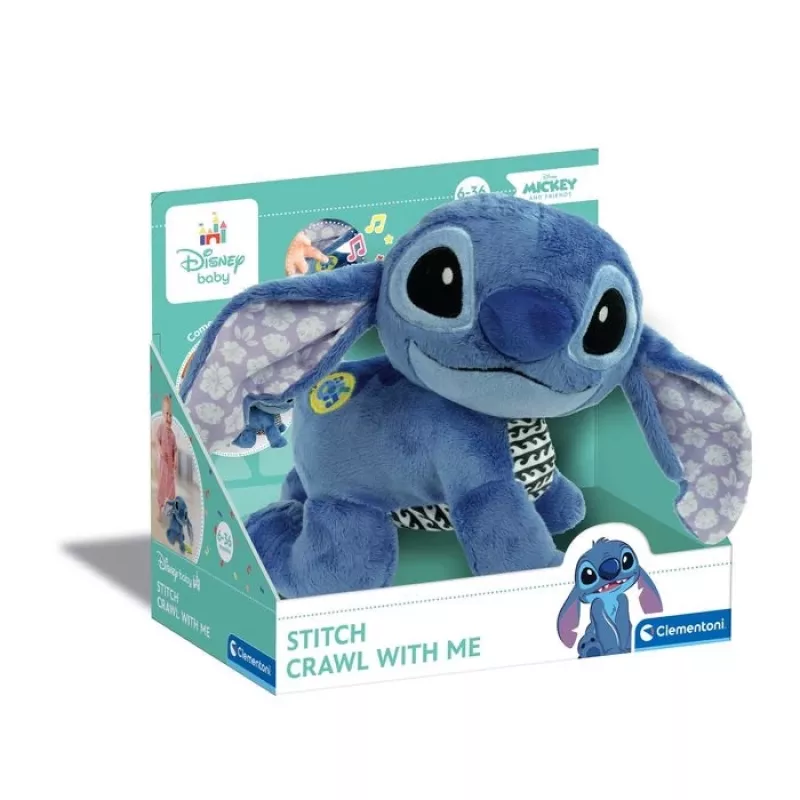 Clementoni Disney Baby Stitch We Crawl Together Pluszowa Zabawka, Niebieska, 25 cm, od urodzenia
