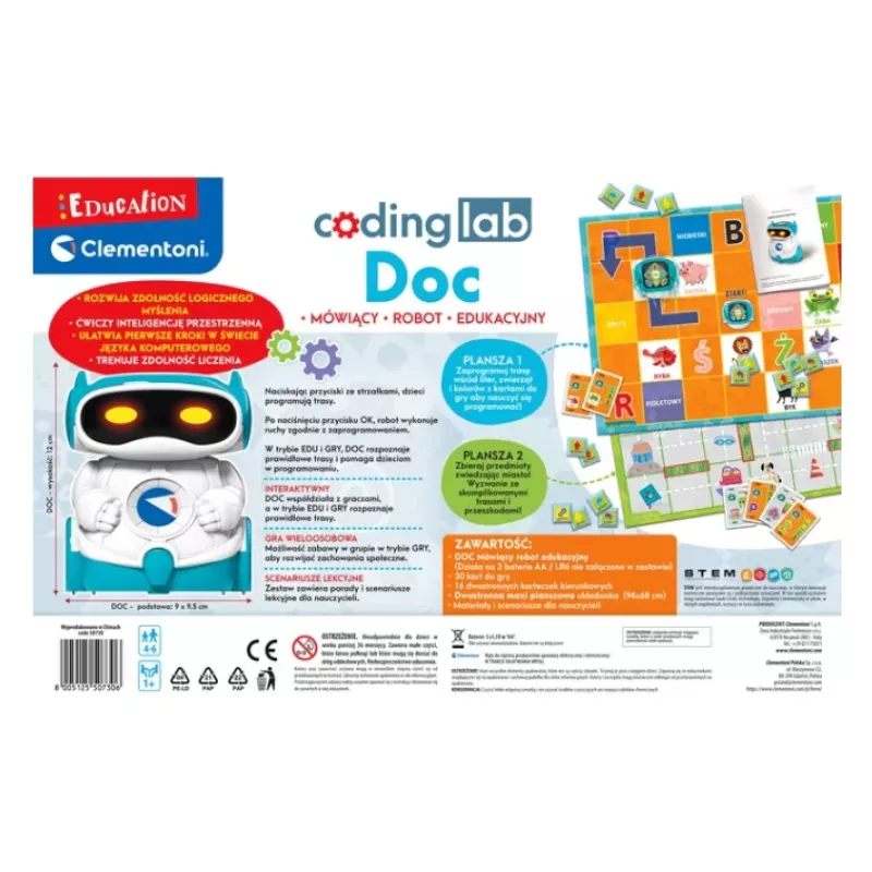 Clementoni DOC Robot Edukacyjny dla Dzieci, Język Polski, 5+ Lat, Zabawka STEM do Kodowania