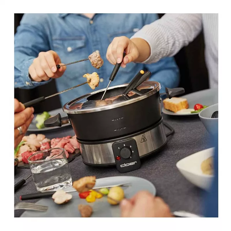 Cloer 6679 Elektryczny zestaw do fondue 1000W czarny stalowy garnek 8 widelców