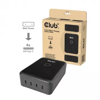 CLUB 3D CAC-1933 4-Port USB-C Charging Station, 240W GaN PD 3.1, PPS, LED Display