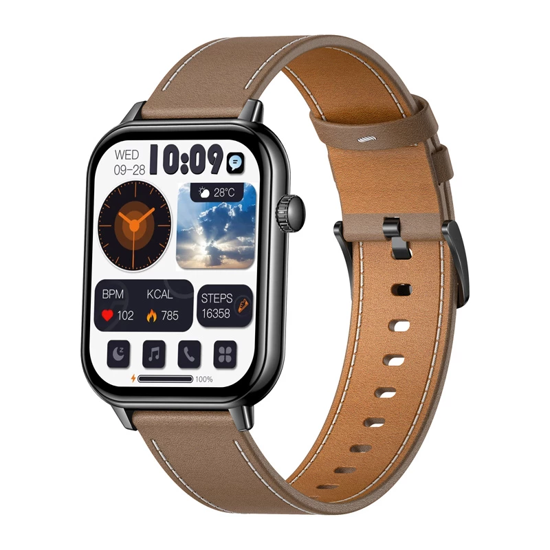 COLMI C28 Smartwatch – Czarny + Brązowy Skórzany Pasek