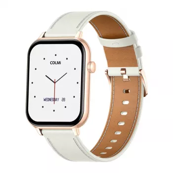 COLMI C28 Smartwatch w kolorze złotym z białym skórzanym paskiem