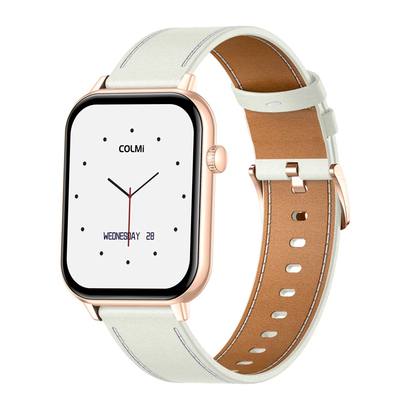 COLMI C28 Smartwatch w kolorze złotym z białym skórzanym paskiem