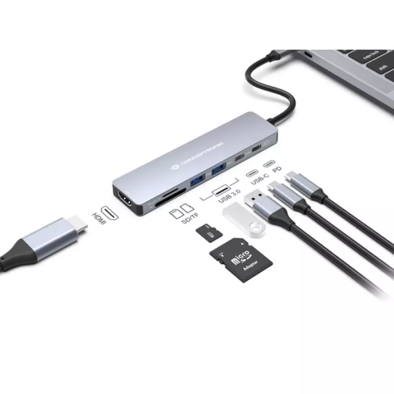 CONCEPTRONIC 7-in-1 USB-C Docking Station with HDMI, USB-C PD, 2x USB-A, SD & MicroSD Card Readers, 25 cm Cable, Space Grey