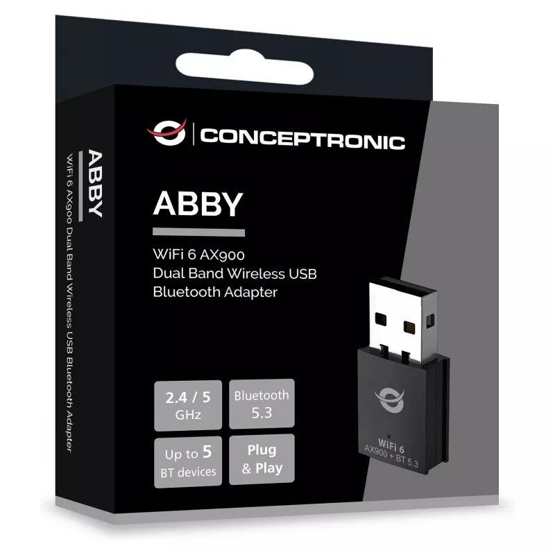 Conceptronic ABBY26B Adapter WiFi 6 AX900 Dual Band USB i Bluetooth 5.3
