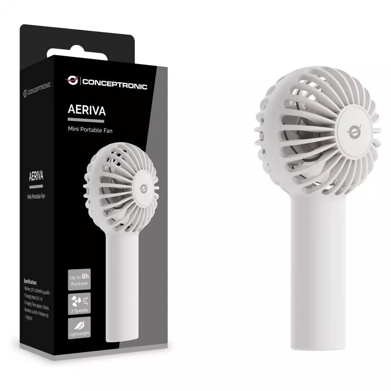 CONCEPTRONIC AERIVA01W Mini Wentylator Przenośny Biały – Ładowany, 3 prędkości, USB-C
