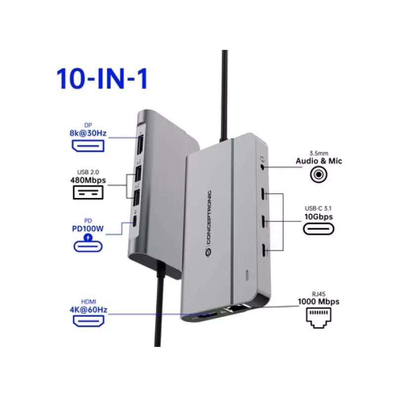 Conceptronic DONN34G 10-in-1 USB 3.2 Gen 2 MST Docking Station, 4K60Hz HDMI, 8K30Hz DisplayPort, GbE, USB-C 10Gbps x 3, USB-A 480Mbps x 2, Audio, 100W USB PD