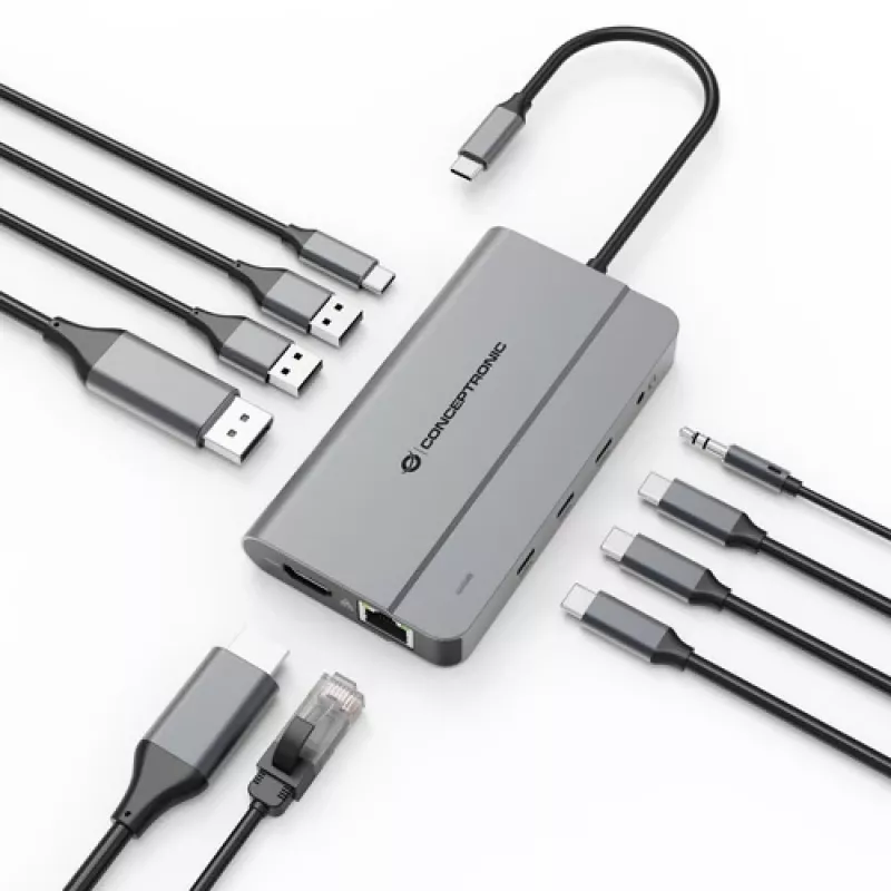Conceptronic DONN34G 10-in-1 USB 3.2 Gen 2 MST Docking Station, 4K60Hz HDMI, 8K30Hz DisplayPort, GbE, USB-C 10Gbps x 3, USB-A 480Mbps x 2, Audio, 100W USB PD